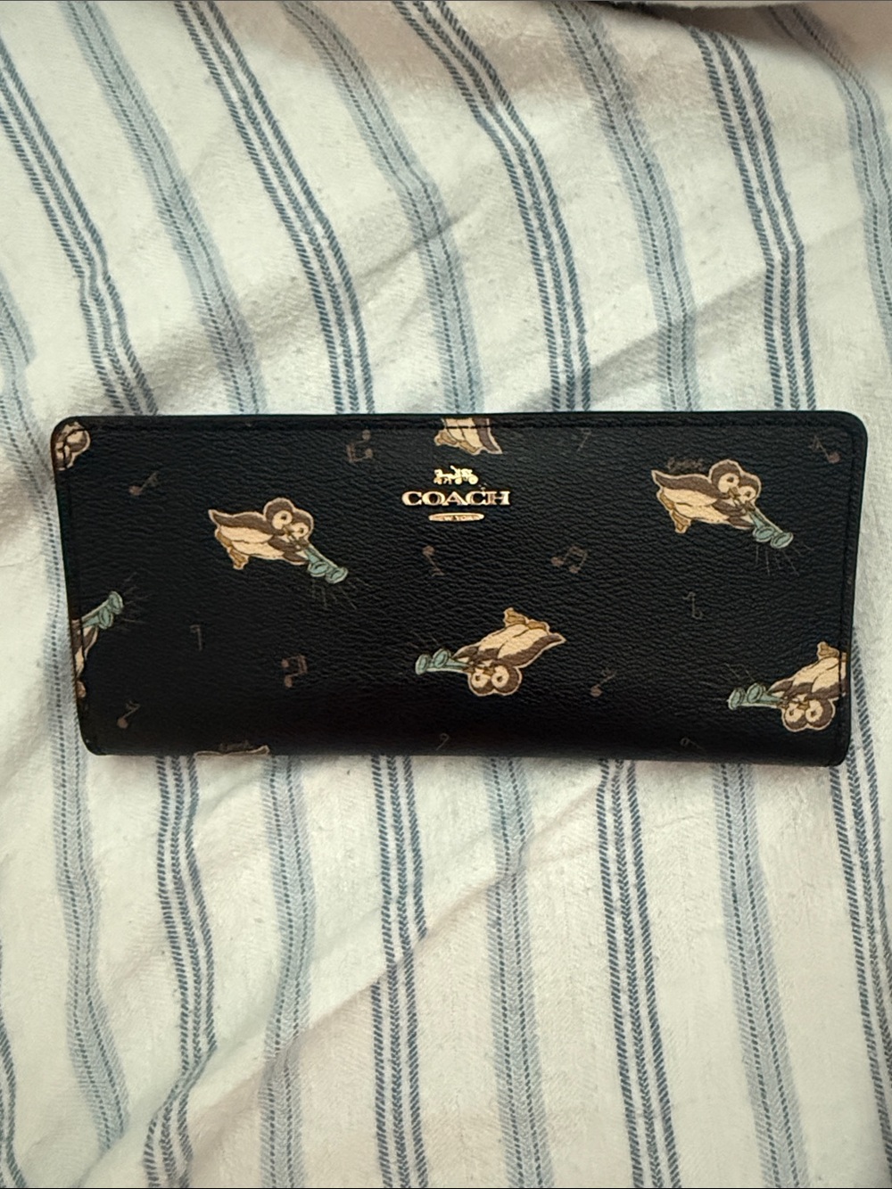 Coach brown Leather Continental Wallet with Owl Print and Gold Logo